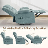 Korser Adult 360° Swivel Rocking Recliner, Nursery Rocking Chair with Massage and Heating Function, Cup Holder, Manually Adjustable Seat for Living Room and Bedroom (Fabric, Lake Blue)