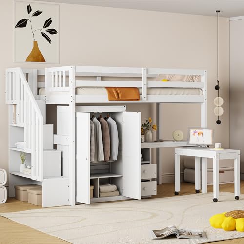 Merax Kids Twin Multifunction Loft Bed with Desk/Wardrobe, Wood Storage Loft Bed with Staircase, Bookshelf & Drawers, No Box Spring Needed, Space Saving, White Merax