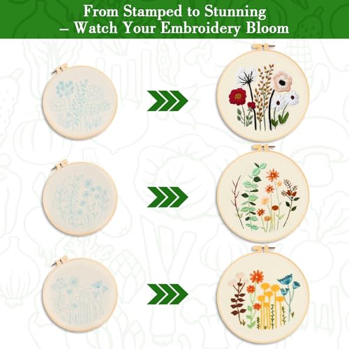 RAINFLOW Embroidery Kit for Beginners 3 Sets Stamped Cross Stitch Kits,Needle Point Kits Adults Beginner with Stamped Easy Flowers Plant Patterns,DIY Needlework Mothers Day Gifts for Adults Women