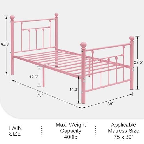 VECELO Twin Size Metal Platform Bed Frame with Headboard and Footboard, Heavy Duty Slat Support/No Box Spring Needed Mattress Foundation/Underbed Storage Space, Victorian Style VECELO
