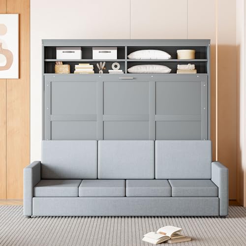 MERITLINE Queen Murphy Bed with 4 Seat Couch and Storage Shelves,Wood Folding Grey Murphy Wall Bed Cabinet with Storage and Sofa MERITLINE