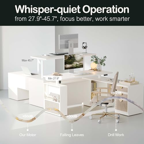 ModernMate 63" Standing Desk with File Cabinet, Privacy Panel, AC/USB, 1.18" Desktop, Executive L Shaped Height Adjustable Desk, Electric Stand Up Table with 3 Drawers, White Rattan ModernMate