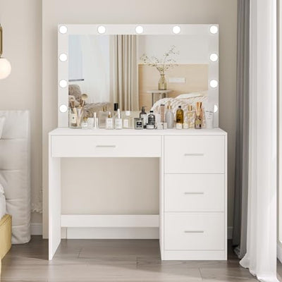 Irontar Makeup Vanity Table, Makeup Table with Large Mirror and 11 LED Lights, Brightness Adjustable, Dressing Table Desk with 4 Drawers, Vanity Desk for Girls, Women, White WDT002W