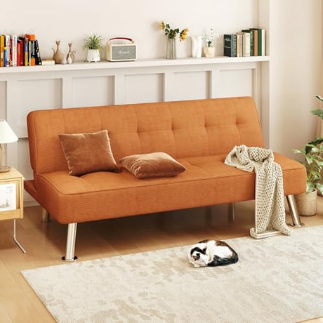 Furnimart Futon Sofa Bed, 66" Corduroy Convertible Futon Couch with 3-Position Adjustable Backrest, Solid Wood Frame Sleeper Sofa for Small Space, Living Room, Apartment, Office, Brown Furnimart