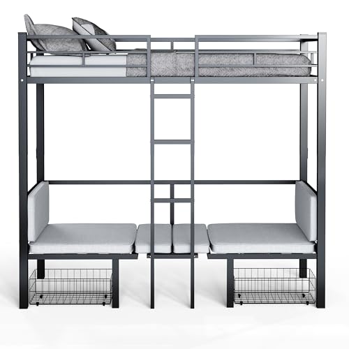 PVWIIK Full Size Loft Bed with Drawer and Desk for Dormitory,Living Room,Bedroom,Metal Bed Frame w/Wood Slats Support/Table Sets Transformable to Full Over Full Bunk Bed,No Box Spring Needed, Black PVWIIK