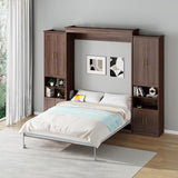 Rophefx Murphy Bed Queen with 2 Side Cabinet Storage Shelves, Queen Wall Bed Cabinet with USB Port, Wood Foldable Platform Bed Frame, Space Saving Beds, Modern Hidden Bed for Guest Room, Home, Walnut Rophefx