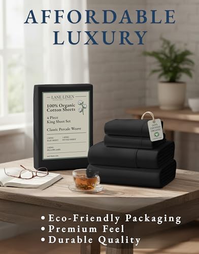 LANE LINEN 100% Organic Cotton Bed Sheets King Size, Soft & Comfy Fully Elasticized Percale Bedding Sheets & Pillowcase Set, Low Pilling Machine Washable King Sheet- Black Sheets LANE LINEN