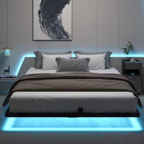 HOMBCK Floating Bed Frame King with LED Lights, Industrial Style Metal Bed Frame, No Box Spring Needed, Easy to Assemble, Noise Free HOMBCK