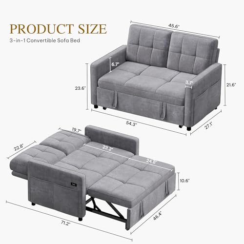 DWVO 55" Convertible Sofa Bed, 3-in-1 Sleeper Sofa with Pull-Out Couch, Velvet Futon Couch with Adjustable Backrest and USB, Modern Loveseat for Living Room Apartment, Light Grey DWVO