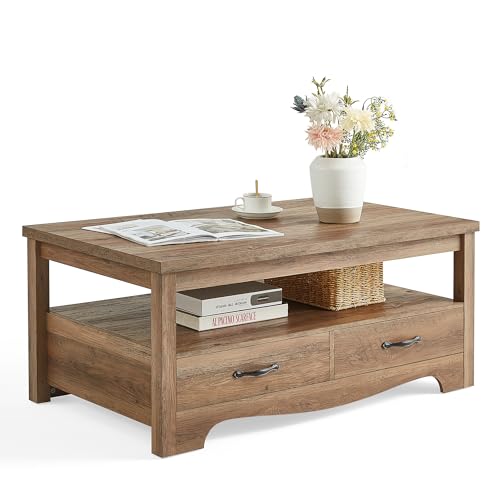 LINSY HOME Farmhouse Coffee Table with Storage, Wood Coffee Table for Living Room, Open Display Area and Storage Drawers with Metal Handles, Chic Style with Curved Base. Brown LINSY HOME