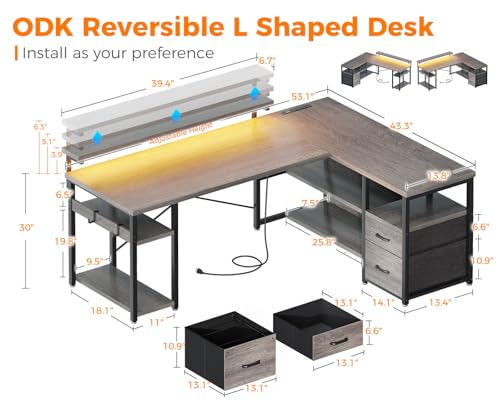 ODK L Shaped Gaming Desk with File Drawers, Reversible Computer Desk with Power Outlets & LED Lights, Home Office Desk with Storage Shelves, 53 Inch Bedroom Corner Desk with Monitor Stand, Gr - WoodArtSupply