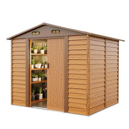 HAPPATIO 8x6' Outdoor Storage Shed, Wood Grain Galvanized Metal Shed with Double Sliding Doors, Foundation, Tool Storage Sheds for Garden, Patio, Backyard - WoodArtSupply