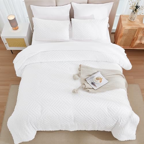 Andency White Comforter King Size Set with Sheets - 7 Pieces Boho Bed in a Bag Tufted Bedding Sets Lightweight All Season Bed Set with Comforter, Sheets, Pillowcases & Shams Andency