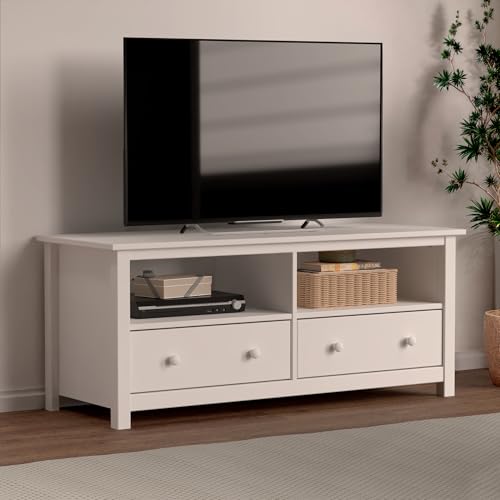 Handcrafted Solid Oak TV Stand Entertainment Center - Elegant White Media Console with Spacious Storage Drawers & Open Shelves - Sturdy Wood Cabinet Fits TVs up to 55 Inches From the Tree Furniture