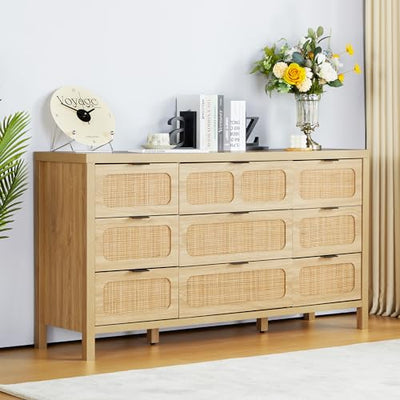 LEVNARY 9 Drawer Dresser for Bedroom, Rattan Dressers & Chest of Drawers, Large 58" Long Dressers Wooden Storage Organizer Dresser for Closet, Entryway, Living Room (Natural)