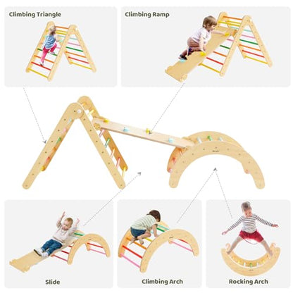 Beright 5 In1 Pikler Triangle Gym, Foldable Climbing Triangle Ladder Toys with Ramp, Indoor Climbing Toys for Kids, Play Gym, Arch Climber, Rocker, Learning Waldorf Children Toy Structure, Rainbow