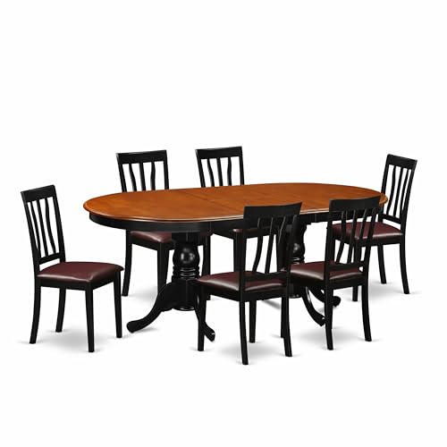 East West Furniture PLAN7-BCH-LC 7 Piece Dining Table Set Consist of an Oval Dining Room Table with Butterfly Leaf and 6 Faux Leather Upholstered Chairs, 42x78 Inch, Black & Cherry East West Furniture