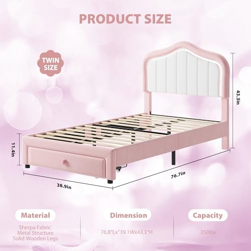 GAOMON Upholstered Twin Size LED Bed Frame with Storage Drawer, Velvet Princess Platform Bed Frame for Kids/Girls, Wooden Slats Support, No Box Spring Needed, Easy Assembly, Pink GAOMON