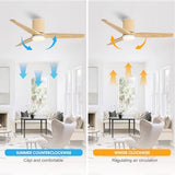 LEDLUX 52" Ceiling Fan with Light and Remote, Low Profile Flush Mount Fan, Solid Wood Blades, Rattan Retro Style, Noiseless Reversible DC Motor, for Bedroom/Living Room/Porch (White/Wood Color) LEDLUX