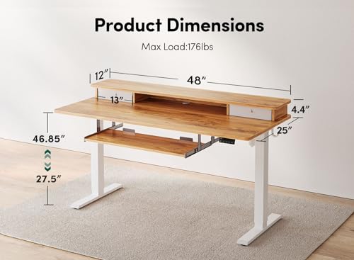 FEZIBO 48×24 Inchs, Adjustable Standing Desk - Whole-Piece Design with Drawers, Keyboard Tray & Storage Shelf, Light Rustic Top FEZIBO