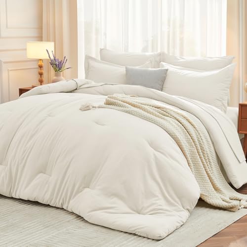 MUXHOMO 7 Pieces Full Comforter Set, Soft Bed in a Bag Full Size, All Season Bedding Set with Comforter, Flat Sheet, Fitted Sheet, Pillowcases & Shams, Ivory MUXHOMO