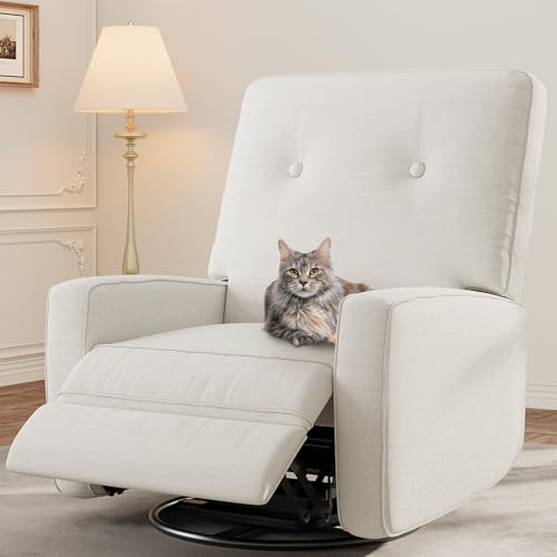 IDEALHOUSE Recliner Chair, 360° Swivel Rocking Glider Chair for Adults with Adjustable Backrest & Footrest, Cozy Linen Upholstered Armchair for Living Rooms, Bedrooms, Apartments, Beige