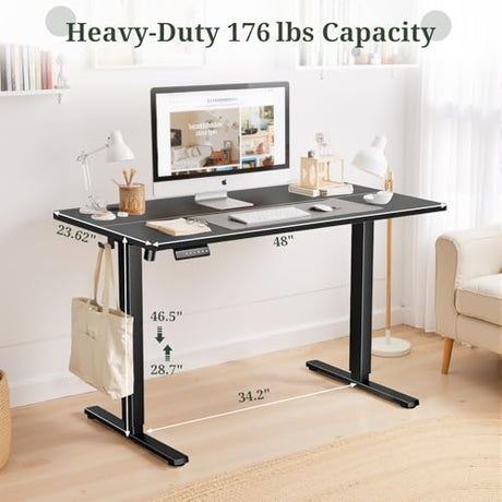 48 x 24 in Electric Standing Desk - Memory Height Adjustable Ergonomic Sit-to-Stand Rising Computer Table Gaming Workstations with 2 Hooks and Wire Hole for Home Office, Black SageNest