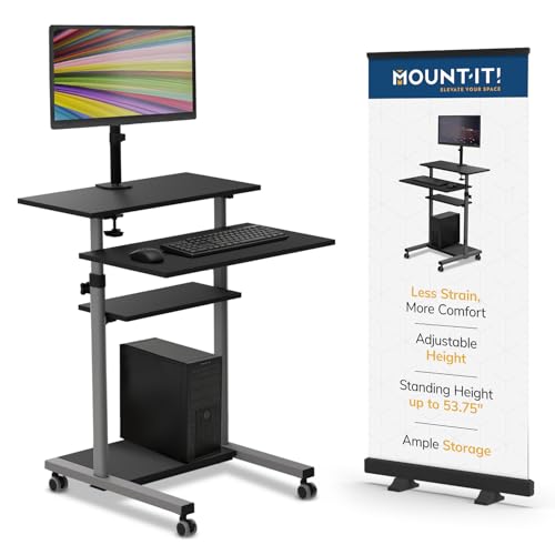 Mount-It! Mobile Computer Cart with Monitor Mount for Screen up to 32", Portable Desk on Wheels, Rolling Laptop Stand Teachers, Office, Classroom, Rise up to 53", Projector, Podium, Keyboard Tray Mount-It!