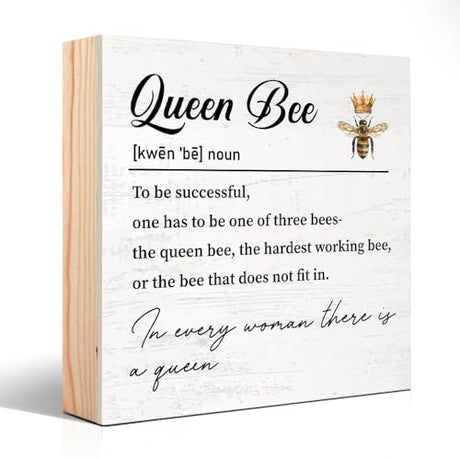 PUVOXHO Queen Bee Wooden Sign Desk Decor, Funny Bee Queen Crown Wood Block Sign Desk Décor for Home Office Farmhouse Bedroom, Bee Thank You Gifts for Woman Boss Lady Mentor Leader Bee Lovers PUVOXHO