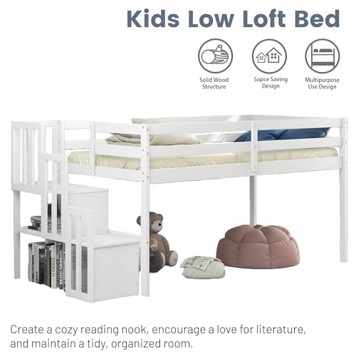 MoproBeti Low Loft Bed with Stairs, Wood Twin Size Kids Loft Bed with Guard Rails,Junior Low Loft Beds with Under-Bed Storage for Small Room/Low Ceiling Bedroom,White MoproBeti