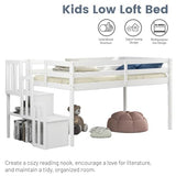 MoproBeti Low Loft Bed with Stairs, Wood Twin Size Kids Loft Bed with Guard Rails,Junior Low Loft Beds with Under-Bed Storage for Small Room/Low Ceiling Bedroom,White MoproBeti