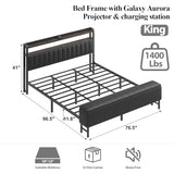 King Size Bed Frame with Star Projector & Charging Station, PU Leather Upholstered Platform with 2-Tier Storage Headboard & Storage Ottoman, Metal Support, Noise-Free, No Box Spring Needed, Black E-Motie