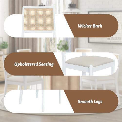 LostCat Rattan Round Dining Table Set for 4, 5-Piece Wood Table with Hexagonal Base and Upholstered Chairs, Dining Room Table Set for Dining Room, Kitchen, Brown - WoodArtSupply