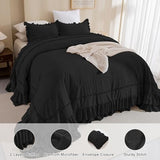 QSH Oversized King Comforter 128x120,3PCs Black Farmhouse Lightweight Ruffled Bedding Comforter Set Shabby Boho Chic California King Bed Comforter Set French Country Soft Microfiber Fluffy Bed Set QSH