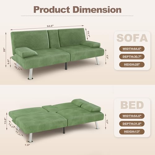 YESHOMY Futon Sofa Bed, Futon Couch with Adjustable Backrest, Convertible Sleeper Sofa with Removable Armrests, Loveseat in Corduroy with 2 Cup Holders for Living Room, Apartment (Green) YESHOMY