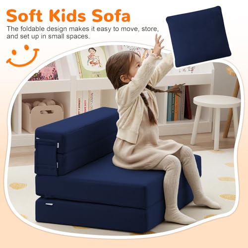 MeMoreCool Foldable Futon Chair Bed for Kids, Toddler Sofa Mattress, Convertible Foam Floor Couch, Tri-fold Sleeping Mattress (Navy) MeMoreCool