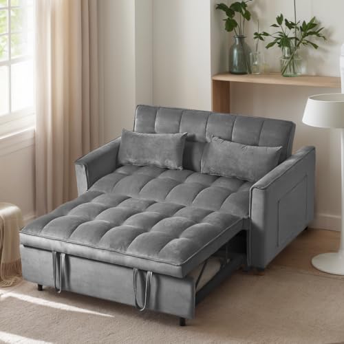 3 in 1 Convertible Sleeper Sofa Bed,Modern Velvet Loveseat Futon Couch Pullout Couches Bed,Small Love Seat Lounge Sofa w/Reclining Backrest, Toss Pillows, Furniture for Living Room (Dark Gray) YHUBHSIS