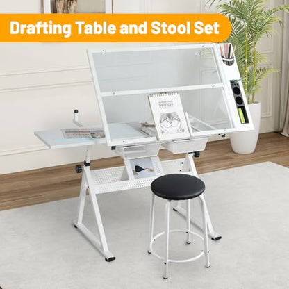 BAOMKONG Drafting Table and Stool Set, Tempered Glass Drawing Table with Adjustable Tabletop and Height Art Table for Artist Painters Home Office, White