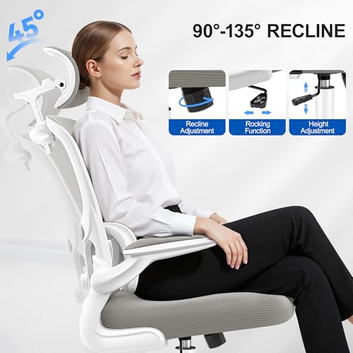 ALLGOD Ergonomic Office Chair, Mesh Desk Chair with Lumbar Support, High Back Home Office Chair with Adjustable Headrest and Flip-Up Arms, Comfortable Computer Chair, Thick Cushion, 300 LBS, LightGray ALLGOD