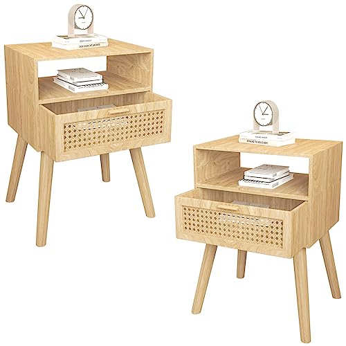 Mid-Century Modern Rattan Nightstand (2 Set), Boho Wood Accent Table with Storage Drawer - Bedside Table for Bedroom or End Table for Living Room, Natural Wood Accent Decor - Light Brown Lifetime Home