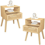 Mid-Century Modern Rattan Nightstand (2 Set), Boho Wood Accent Table with Storage Drawer - Bedside Table for Bedroom or End Table for Living Room, Natural Wood Accent Decor - Light Brown Lifetime Home