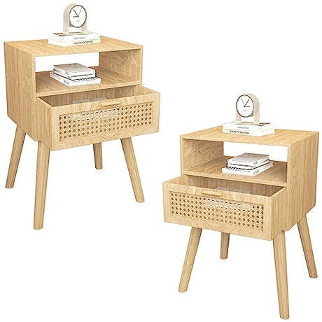 Mid-Century Modern Rattan Nightstand (2 Set), Boho Wood Accent Table with Storage Drawer - Bedside Table for Bedroom or End Table for Living Room, Natural Wood Accent Decor - Light Brown Lifetime Home