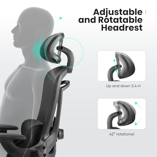 Sweetcrispy Office Chair Ergonomic Desk Chair, 300 LBS Home Mesh Office Desk Chairs with Wheels, 2D Headrest, Up&Down Lumbar Support, Swivel High Back Computer Chair with Flip-up Armrests,Dark Black Sweetcrispy
