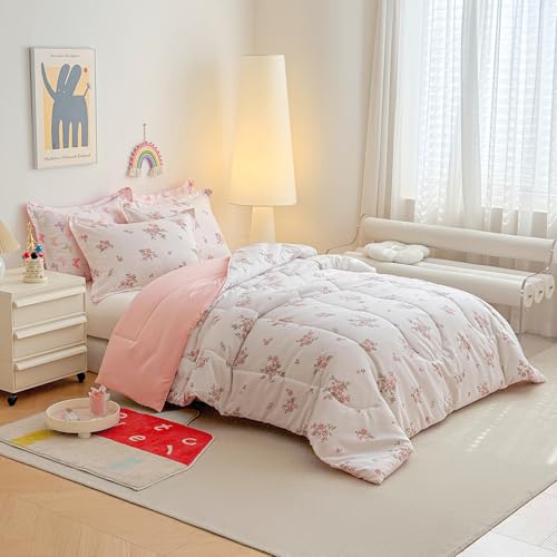 Joyreap Twin Size Comforter Set for Girls, Floral Pink n White Design, 3pcs Microfiber Princess Bedding Comforter Set for All Season- 68x88 inches Joyreap