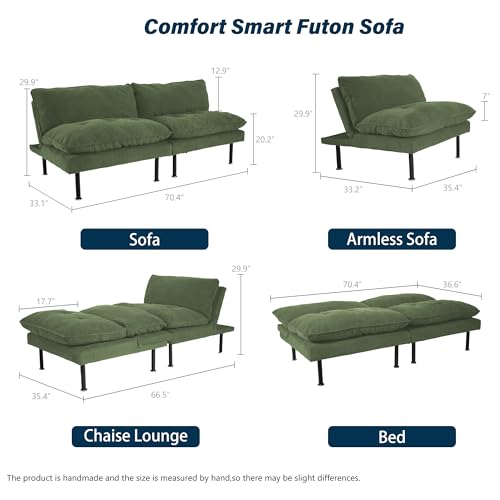 Ribilake 70" Futon Sofa Bed, 4 in 1 Multi-Function Couch Sleeper with Adjustable Backrest, Modern Convertible Futon, Recliner Small Loveseat for Living Room, Dorm, Green Ribilake