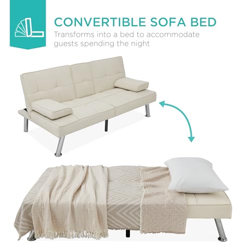 Best Choice Products Linen Modern Folding Futon, Reclining Sofa Bed for Apartment, Dorm w/Removable Armrests, 2 Cupholders - Ivory Best Choice Products