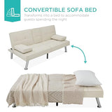 Best Choice Products Linen Modern Folding Futon, Reclining Sofa Bed for Apartment, Dorm w/Removable Armrests, 2 Cupholders - Ivory Best Choice Products