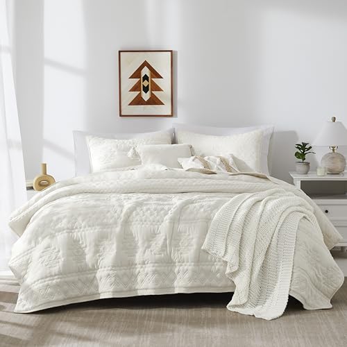 WDCOZY Boho Ivory Twin Quit Size Bedding Sets with 1 Pillow Sham, Cream White Farmhouse Lightweight Soft Bedspread Coverlet for All Season, 2 Pieces, 68x90 inches WDCOZY