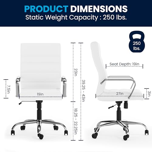 Flash Furniture Whitney High-Back Swivel LeatherSoft Desk Chair with Padded Seat and Armrests, Adjustable Height Padded Office Chair, White/Chrome Flash Furniture