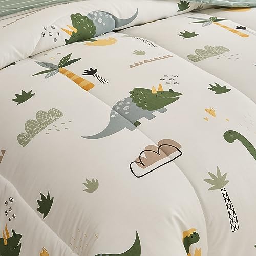 Joyreap 4 Piece Dinosaur Toddler Bedding Set, Cotton Toddler Comforter Sheet Set, Green Dinosaurs Print on White Design for Kids Boys n Girls Joyreap
